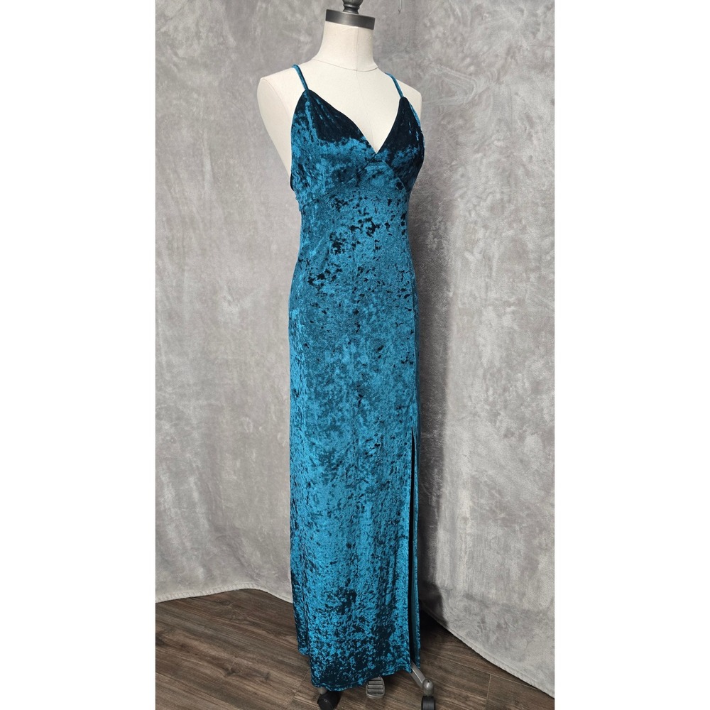 SBetro Teal Crushed Velvet Spaghetti Strap Maxi Dress Side Slit Formal Evening S